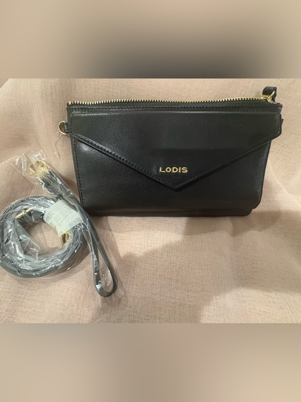 Lodis Black Envelope-Front Crossbody with Gold Hardware